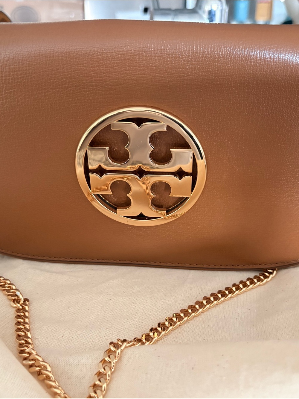 Tory Burch Cognac Leather Crossbody with Gold Logo